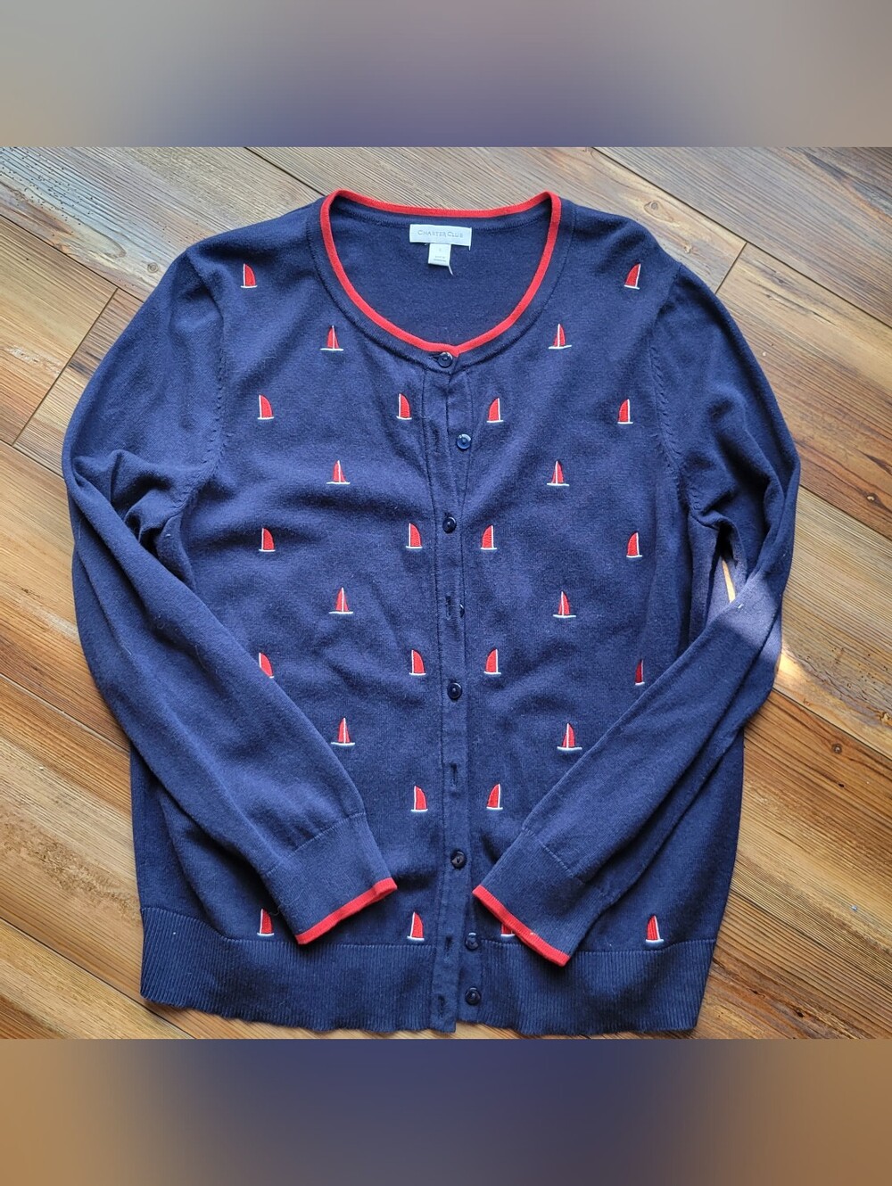 Charter Club Womens Size Large Navy And Red Sailboat Cardigan